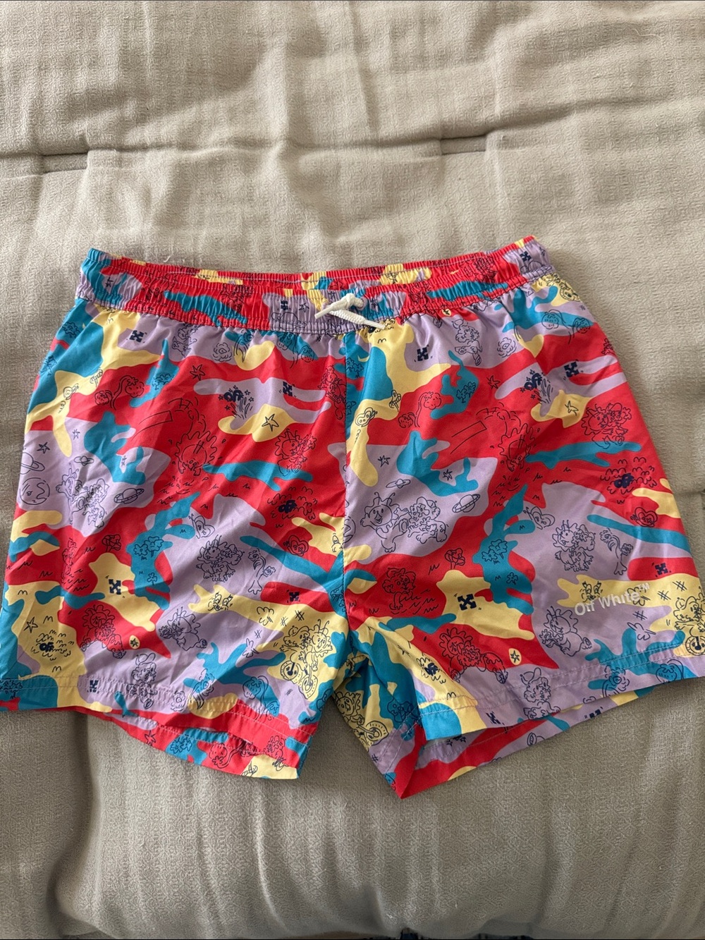 Off-White Kids Swim Trunks in Red, Yellow, Blue & Purple Abstract Print